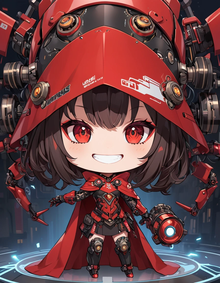 The picture shows a (cute) Adeptus Mechanicus girl. Her gaze is penetrating, and her face is hidden under a mask with monitors and LEDs. Graceful mechanical limbs complete her elegant appearance, and her outfit emphasizes her strength and uniqueness in the world of technology, big head, cute girl, red cloak , laughing, (((chibi)), ful body, full legth,