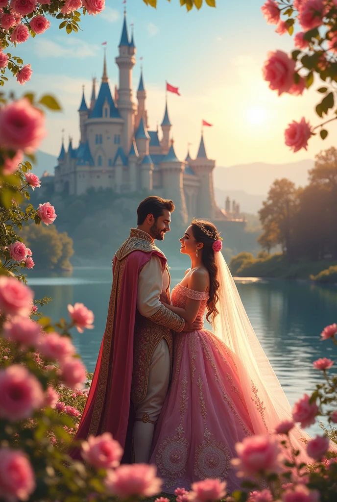 A handsome prince and a beautiful princess, with a grand and luxurious castle behind them, a blooming pink rosebush, and a lake..