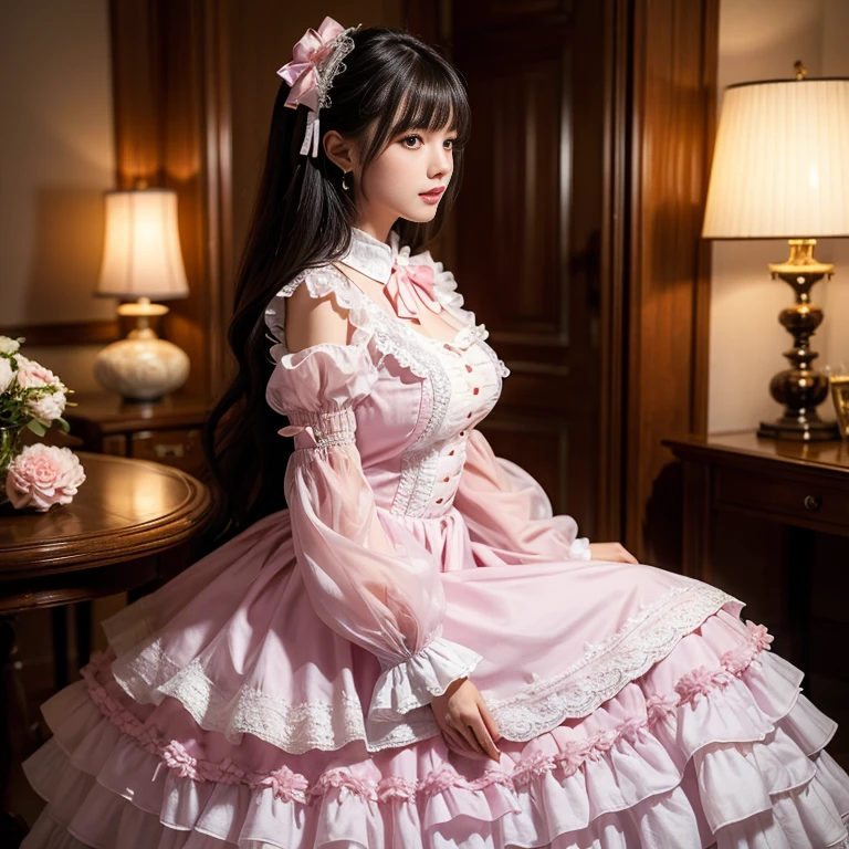 Side view,side angle, Bow tie at the back of the waist, There is a bow on the back，Sideways photo, Skirt length to calf, cupcake dress, Layered skirt with lace on each layer, Put on a lolita dress, layered dress, Pink Lolita dress, lots of lace, Long sleeve, Wide sleeves, Big Skirt, Layered lace skirt, Lace skirt，Puff sleeves, Wide sleeves, Transparent sleeves, intricate details showcase the ruffles and intricate designs of the Lolita dress, Wearing a lolita dress, in a sea of flowers, best quality, Delicate face，beautiful visual work, lifelike, eternity, black hair, Long curly hair, blunt bangs, Smile, Detailed Background, Delicate face，blush，cold，((masterpiece))、(top quality)、8k、high detail、Super detailed，41 years old，woman， masterpiece、born、Scenes resembling fairy tale illustrations、intricate details和複雜的設計、Beautifully、magic、capricious、 Beautifully、Dream aesthetics、「𝓡𝓸𝓶𝓪𝓷𝓽𝓲𝓬、ethereal、charming、fickle、magic」、realism、Visual effects、FXAA、SSAO、Shader、voiceless、ambient lighting、Tone mapping、High resolution、Ultra high quality、Million pixels、(8K resolution:1.10)、8k、8k以下、8K resolution、high detail、intricate details， (high quality:1.2、masterpiece:1.2、:1.21)、(41 years old，woman:1.21)、(興奮地Smile)、(Surrounded by a dreamy atmosphere、Model diagram，full-body shot，Normal 2 feet，Put your hands behind your back，Breast protrusion visible when wearing clothes, Large Breasts, H cup chest, pink dress, Don't show your fingers, full-body shot， full-body shot，full-body shot，full-body shot，full-body shot，full-body shot，full-body shot，full-body shot，Hands hidden in clothes, Hands hidden in clothes,Hands hidden in clothes,Hands hidden in clothes,Hands hidden in clothes,Hands hidden in clothes,Hands hidden in clothes,Hands hidden in clothes,Hands hidden in clothes, ,Hide your hands in your sleeves ,Hide your hands in your sleeves ,Hide your hands in your sleeves ,Hide your hands in your sleeves ,Hide your hands in your sleeves ,Hide your hands in your sleeves ,Hide your hands in your sleeves ,Hide your hands in your sleeves,skirt length to calf, full body photo,full body view,side view