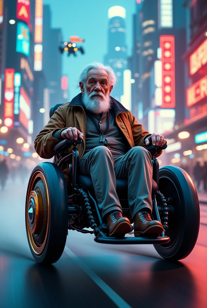 a disabled old man in a high-tech electric wheelchair racing through a futuristic cityscape, dynamic motion blur, intricate mechanical details, cinematic lighting, vibrant colors, 8k, photorealistic, masterpiece
