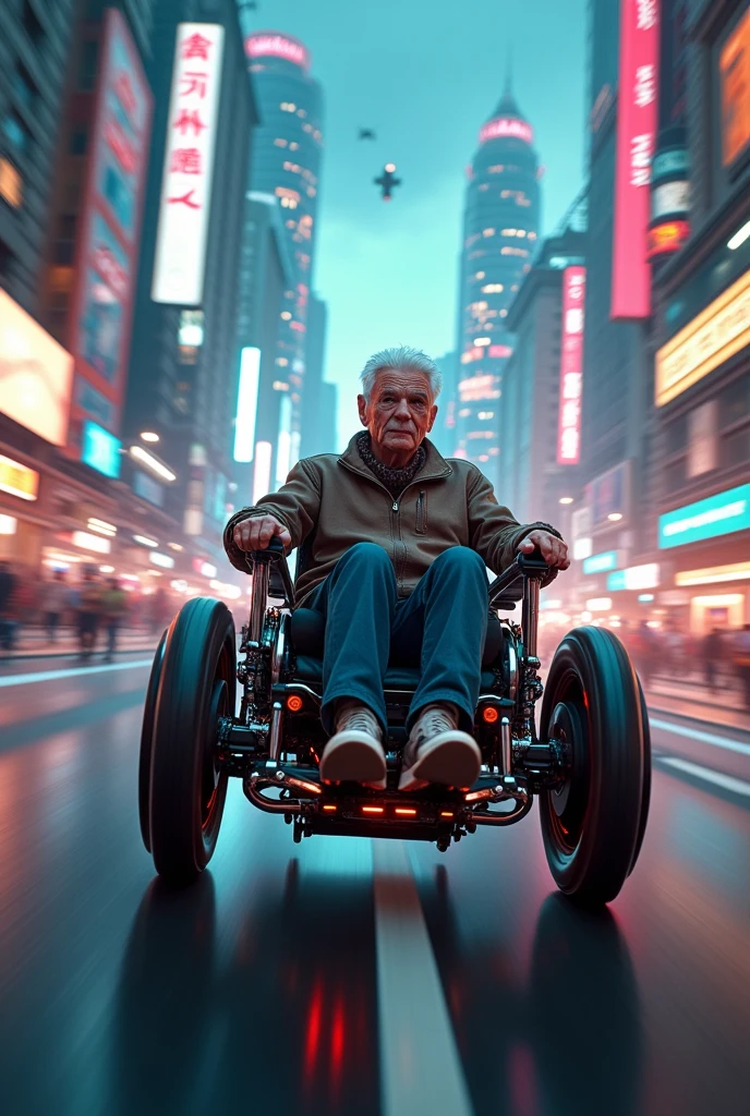 a disabled old man in a high-tech electric wheelchair racing through a futuristic cityscape, dynamic motion blur, intricate mechanical details, cinematic lighting, vibrant colors, 8k, photorealistic, masterpiece
