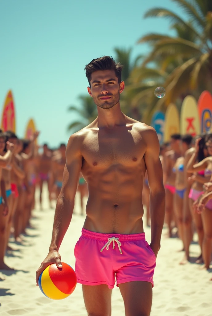 A handsome young man with a beautiful, thin, white face, fair and smooth skin, shirtless, wearing a pink swimsuit, short black hair, on a catwalk at a men's beach party, holding a beach ball in his hand, the audience applauding and celebrating with bubbles. A tall, thin, white, shirtless man.