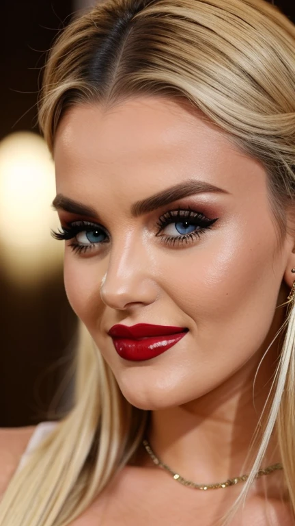 Perrie Edwards in sensual clothing with lipstick and smiling