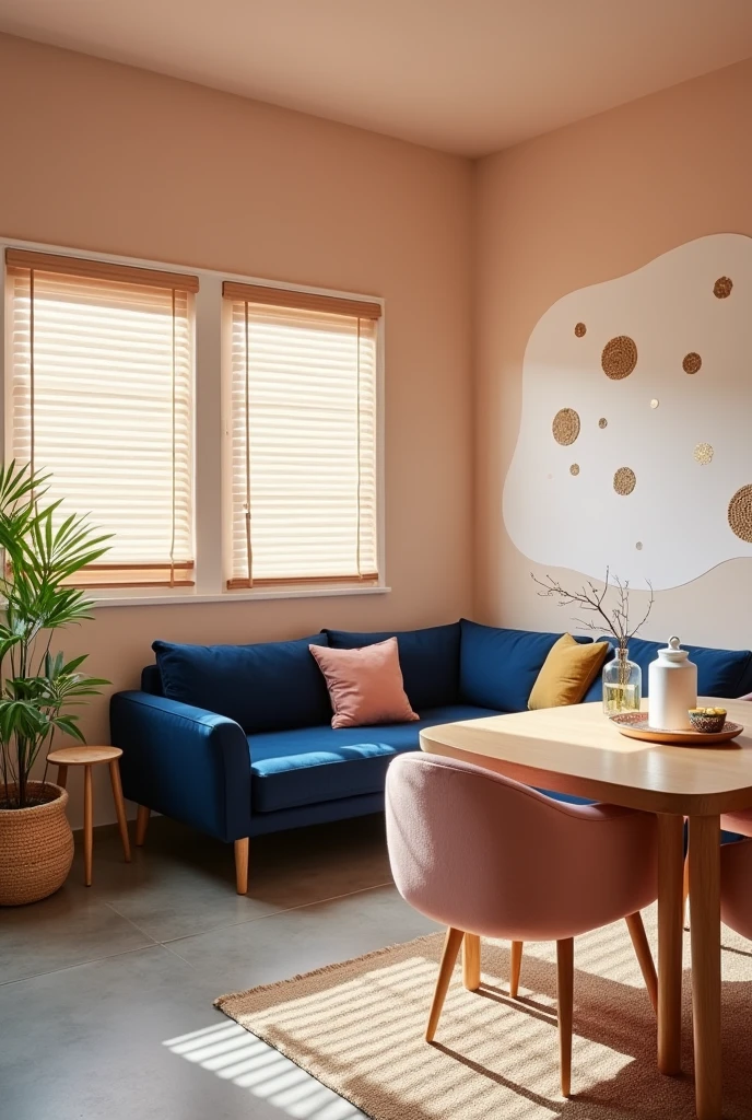 Create a room with sand-colored blinds and peach fuzz or pastel peach walls and one white wall, and let the floor be a combination of brown and gray.. Just like, there's a darkish soft royal blue sofa, with a sand-colored dining room and its chairs being somewhat pink to match.