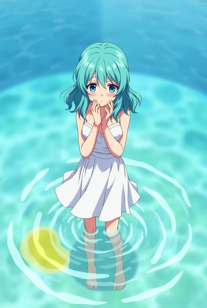 Peeing self, Have to pee, Anime, looking at camera, embarrassed, blush, peeing, yellow pee, tears, crying, out of breath, sweating, blue eyes, cyan hair, one girl, Eirika fe, white skirt, a spot of yellow urine in the pool, а spot of yellow urine in the pool water, yellow urine flows from the perineum
