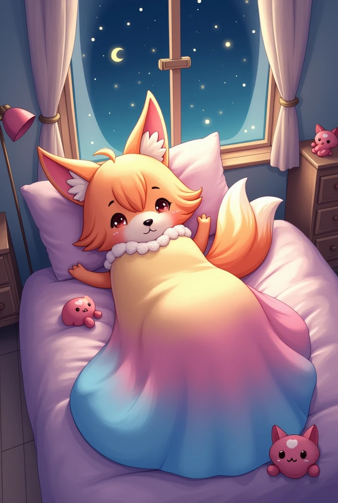 cartoon, 2d, anthropomorphic fox girl kid, pink yellow blue gradient nightgown, nightgown riding up, no underwear, relaxing on top of bed