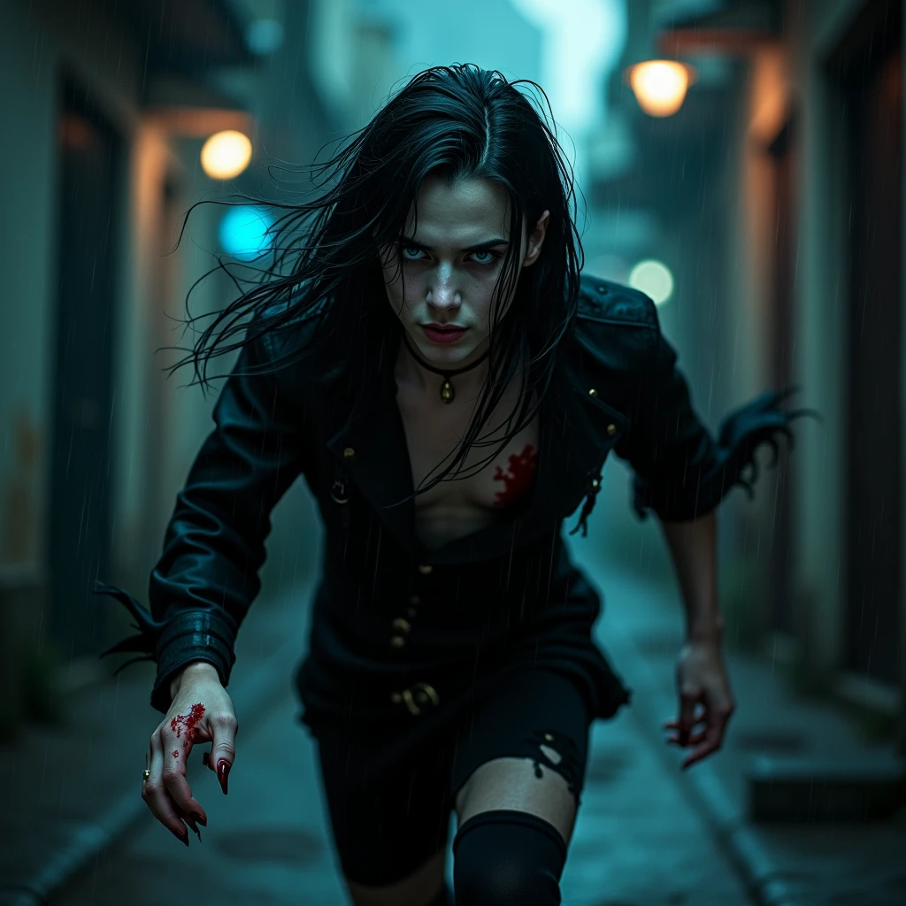 A young sexy male with delicate facial features, long black hair, teal blue eyes, long eyelashes, and gothic clothes. He's a long-wanted serial killer. ((((scary)))) Blood. malicious, insane expression. No facial or body hair. Anime. ((((((((Male, boy)))))))) (Horror) BITCH, MAKE IT MALE. Cops are trying to catch after him. Running. Raining. Vampire.