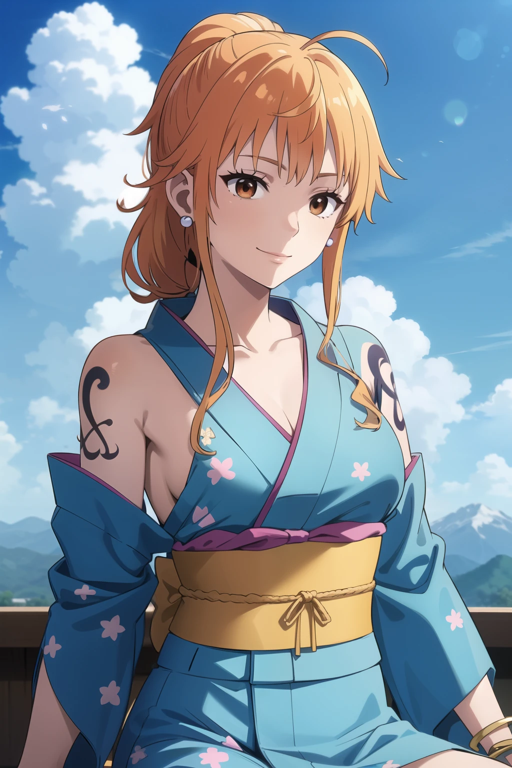 2D, masterpiece, Highest quality, anime, Highly detailed face, Highly detailed background, Perfect lighting, here, we, One person, alone, Close one eye, Long Hair, smile, jewelry, sash, kimono, heart, Orange Hair, kimono, bow, light blue kimono, flower, flower print, Earrings, View your viewers, No sleeve kimono, Ahoge, ribbon, hair bow, null, Day, bracelet, No sleeve, ;\), blue bow, Outdoor, chest, cloud, Mouth closed, ponytail, blue null, Brown eyes, Orange eyes, Left shoulder tattoo, Exposing shoulders, very Long Hair, Side Lock, bangs, clavicle, Upper Body, Tattoo on left arm, Bare arms, official Alternative costume, Blurred, Hand gestures, Alternative costume, medium chest, Blurred background, large chest, eyelash, Mountain, Parody, cloudy null, Sitting, Shiny Hair, Bangles, Wavy Hair, Sexy Underwear,大きなchest,Spread your legs,Seduce