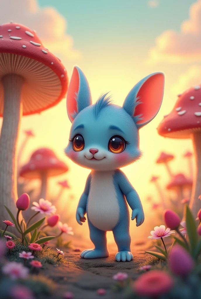 humanoid small being (barely reaching 50 cm) with hands like gloves, legs like little boots, large, shiny eyes, a small button-like snout, ears similar to those of a sea bunny rinophores, soft blue fur with white stripes and a white belly