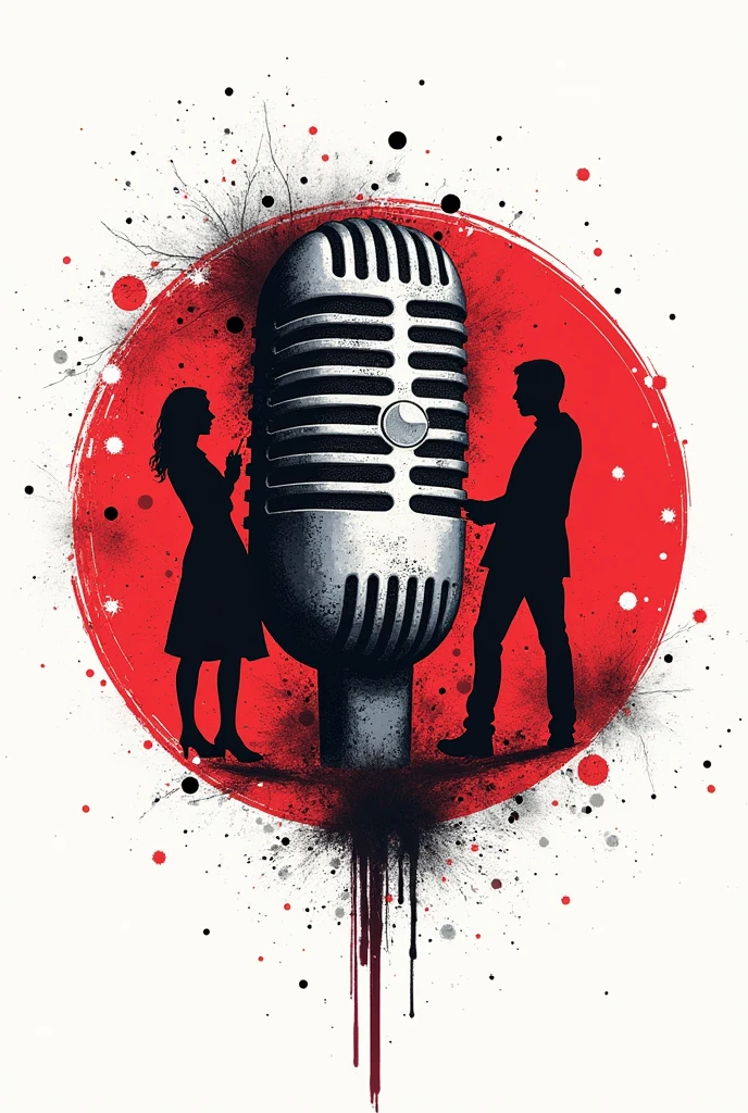 Round logo, colors white,red ans black, style graphic grunge, image for illustrated one microphone and one mini figure game. Title: - l'escarmouche - le podcast
