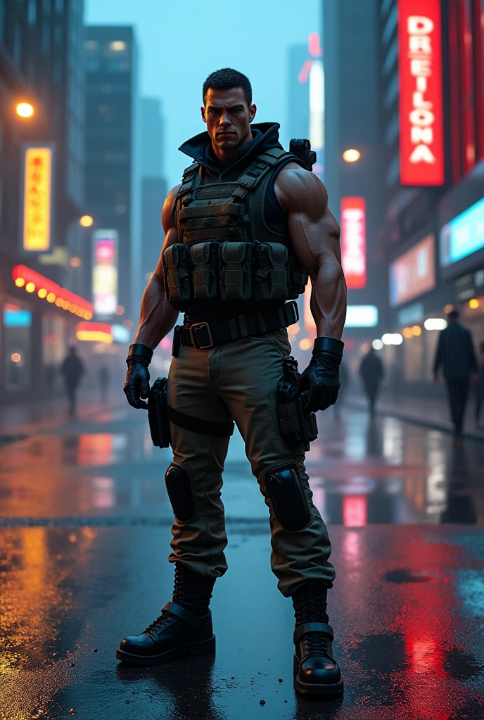 A burly man with tattooed skin that glows faintly neon green. He has a full robotic leg and a communication implant in his ear.. Wears a reinforced vest and cargo pants, with an appearance that mixes military and urban elements.