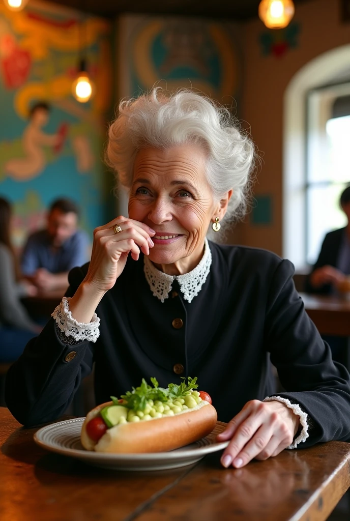 Image of Marie Curie eating a Chilean hot dog
