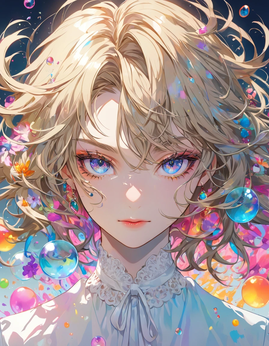 (masterpiece), (best quality), (ultra detailed),(disheveled hair),(illustration), (1man), standing, Fashion model, looking at viewer, (interview), (detailed background),beautiful detailed eyes, delicate beautiful face, Floating,(high saturation),(colorful splashes),colorful bubble,(shining), focus on face, floating flowers, floating hairs, (shining), best lighting, best shadow, 1male solo