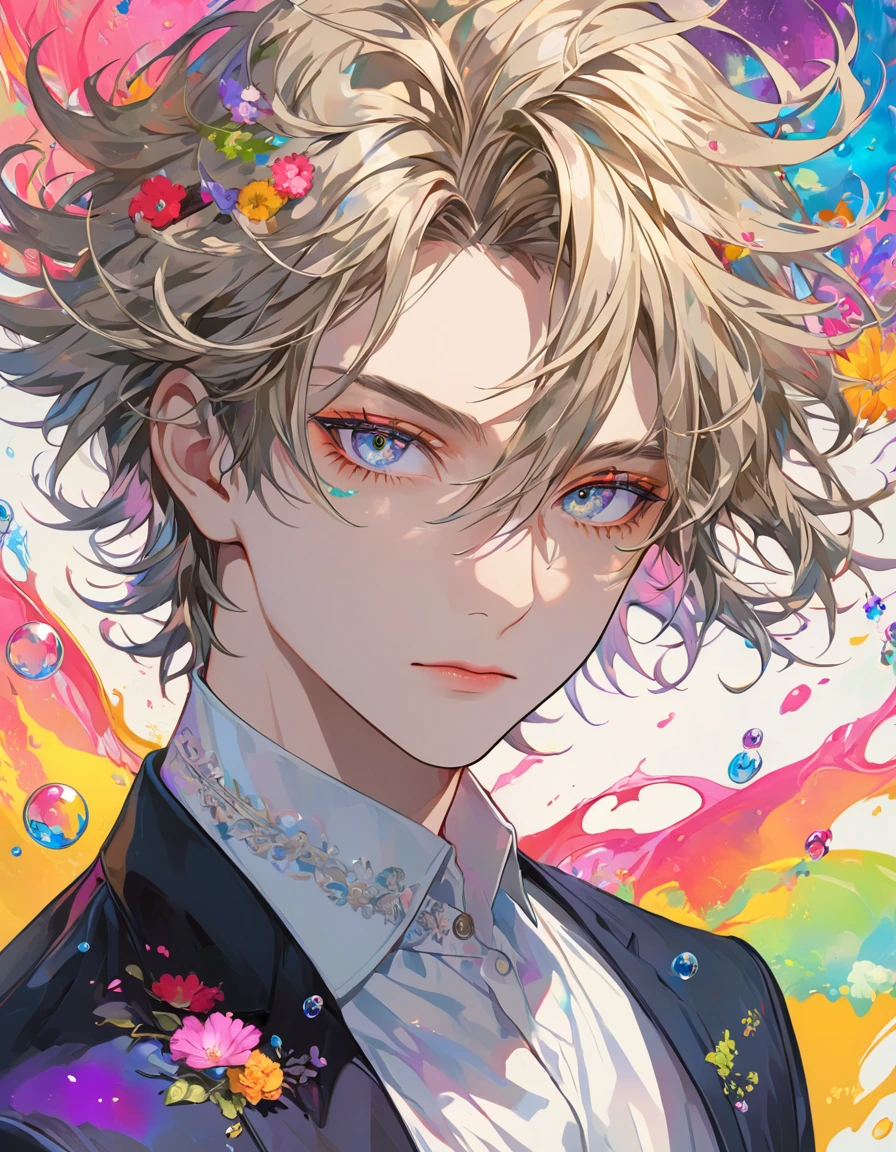 (masterpiece), (best quality), (ultra detailed),(disheveled hair),(illustration), (1man), standing, Fashion model, looking at viewer, (interview), (detailed background),beautiful detailed eyes, delicate beautiful face, Floating,(high saturation),(colorful splashes),colorful bubble,(shining), focus on face, floating flowers, floating hairs, (shining), best lighting, best shadow, 1male solo