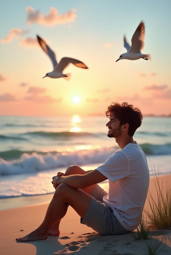 A young man sits on the beach and turns his face to the sun, watching the sun rise