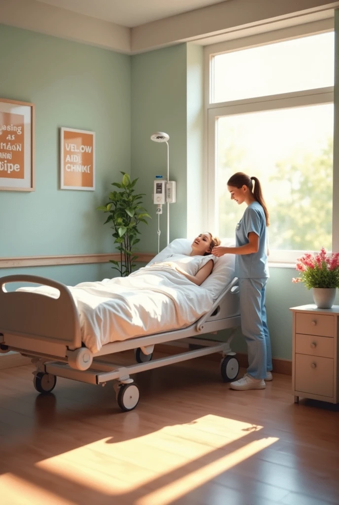 (nurse), beside the patient's bed and listening to the lying patient. The sunshine outside the window is warm and peaceful, friendly and warm atmosphere, full body, award-winning, cinematic still, emotional, vignette, dynamic, vivid, (masterpiece, best quality, photorealistic, Professional, perfect composition, very aesthetic, absurdres, ultra-detailed, intricate details:1.3)