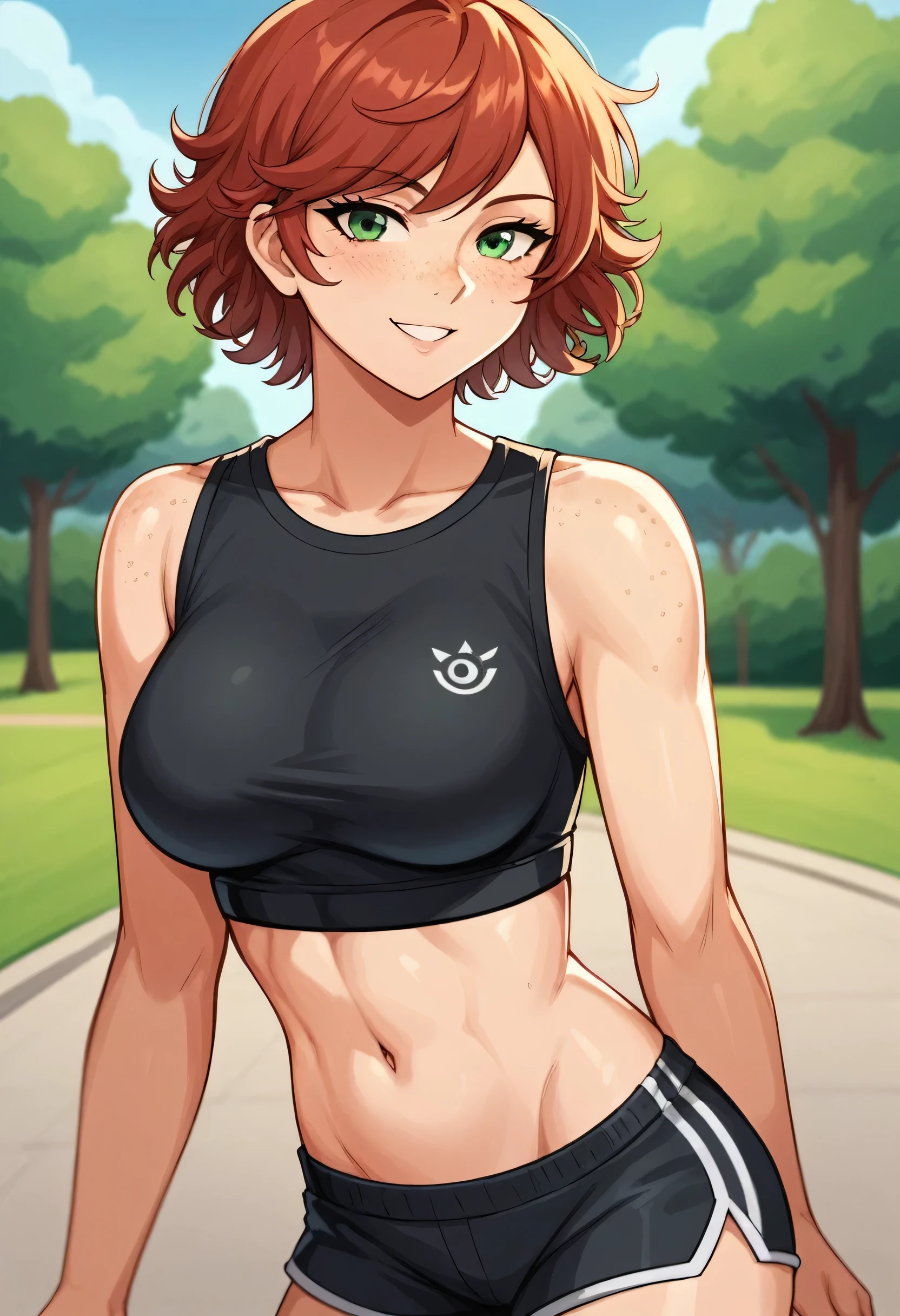 A 2d short and skinny thin young girl standing at park at nighttime on black shirt and black sport shorts, toned stomach, short curly red hair, green eyes, gorgeous face with beautiful little breasts, looking at viewer, love exprassion with kind smile, freckles on face, detailed face and body, correct hands and position, noghttime park on background, innocent smile