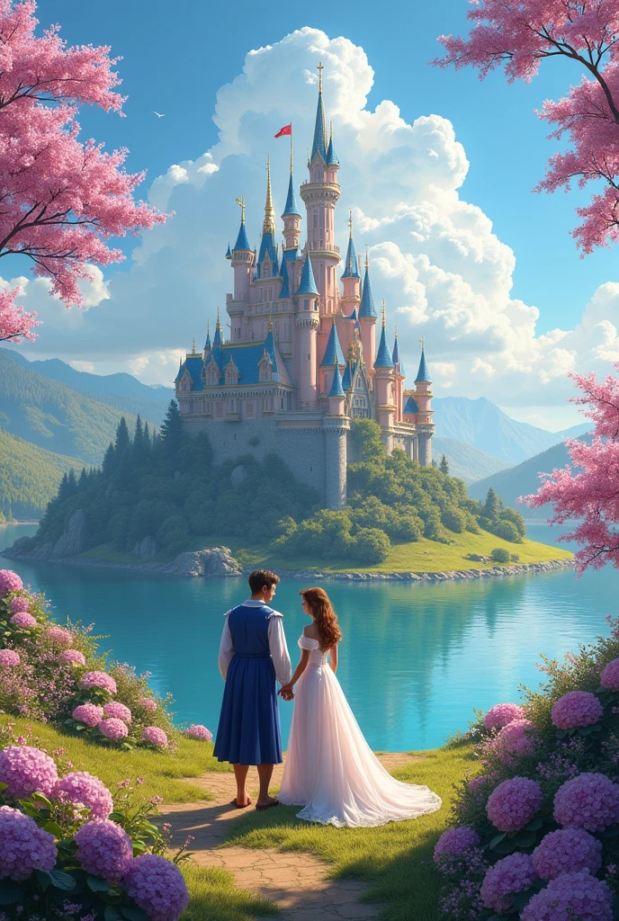  Kingdom Big Castle Beautiful in the background stands Snow-White with Different Circles and Colors , Beautiful views,  A lake with clear water you can see pebbles on the bottom ,  The path from the stone path is snow-white with flowers on the sides ,  A Girl with Big Eyes and a Lush Long Hairstyle in a Beautiful Snow-White Outfit Curvy Walks Gown, earrings,  Goes to the Castle along the Lake ,  near The Gate Is A Guy in Beautiful Clothes Red Coat Warm Fur ,  A snow-white Tuxedo with Red Embroidered Buttons ,  Next to Him Two Guards in Armor and Spades in Hands ,  wide viewing angle ,  Beautiful Picture , masterpiece,  Maximum Quality ,  better quality, 8 k, 32K,  cartoon ,  cartoon  стиль, Pixar style , Colorful Colors, Gentle Lighting , warm tones,  Beautiful Characters ,