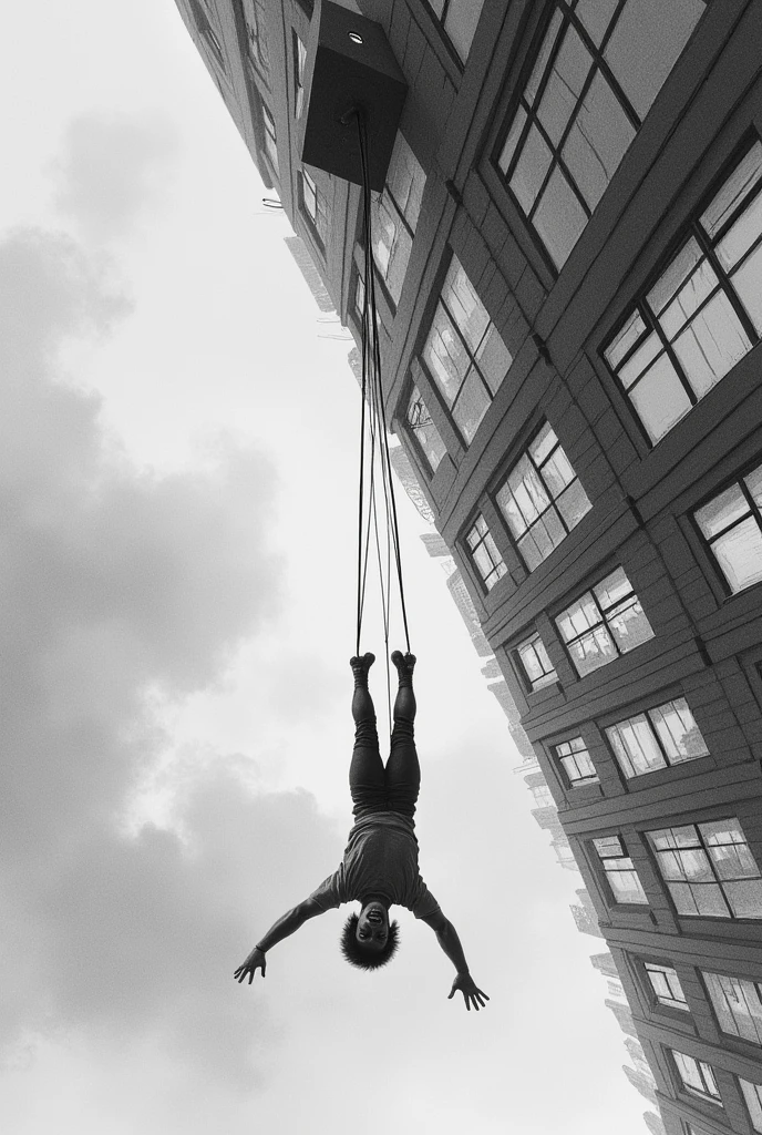 Generate a pencil-drawn image of a 10-story building, A person is thrown from the 6th floor as a suicide attempt, but in reality this person is hanging upside down from an anchor point on the ceiling that in the image you can see the system to which it is hanging and the person accidentally falls into a single building