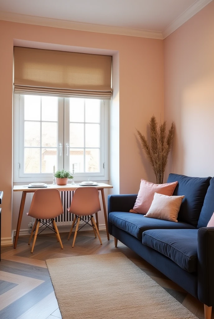 Create a room with sand-colored blinds, peach fuzz or pastel peach walls, and one completely white wall. The floor should be a combination of brown and gray.. Just like, there's a darkish soft royal blue sofa, with a sand-colored dining room and its chairs being somewhat pink to match.