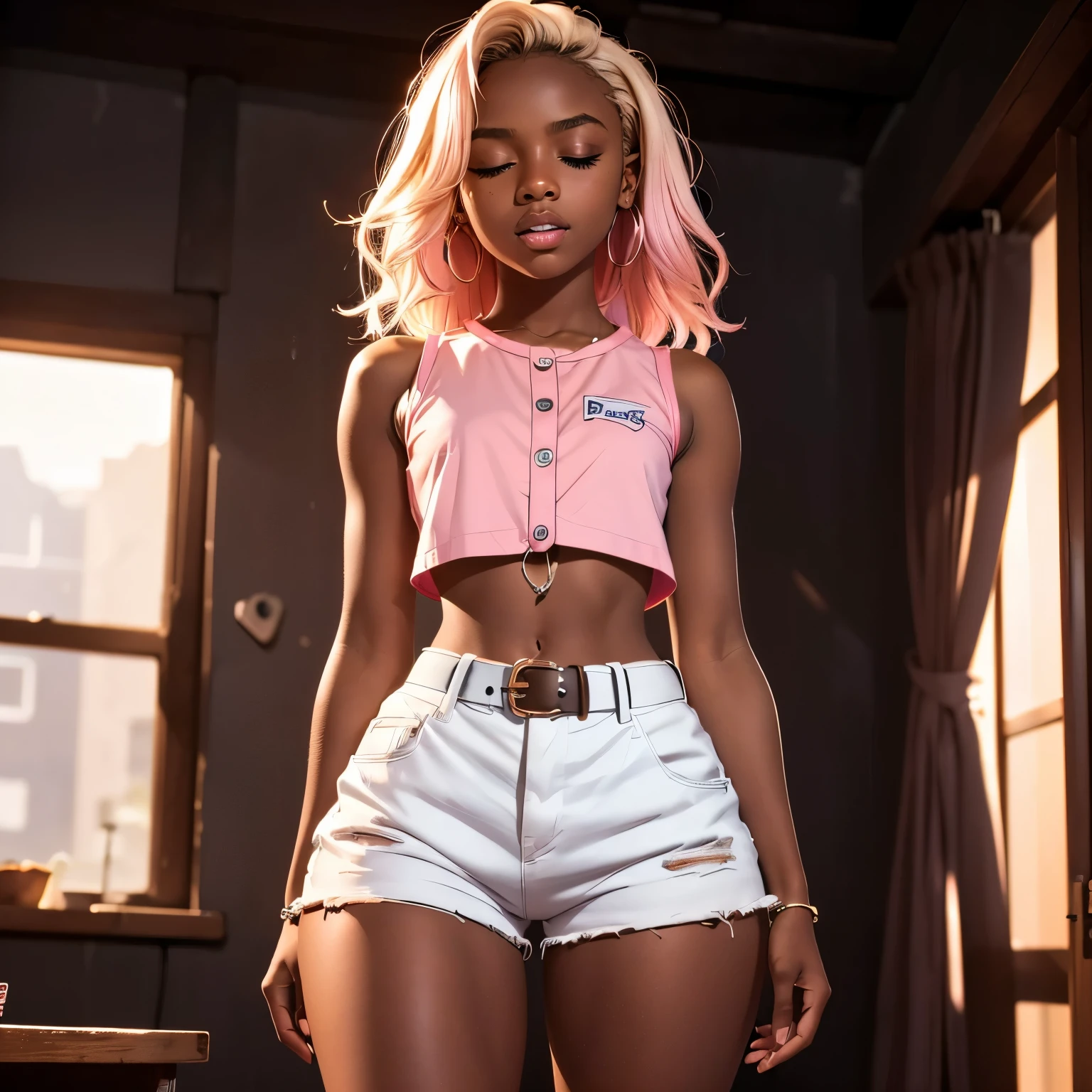in classroom, (18 years old), (dark skin), dark skin, wide shot, blond hair, orgasm, (white button down top, pink shorts with belt), (Masterpiece, Professional lighting, 16k, 8k wallpaper, raw photo, photorealistic:1.8, ultra detailed, natural lighting, detailed skin sexy pose, open mouth, big lips, night time, eyes closed, magic energy, neon light, orgasm, screaming, narrow shoulders, thick thighs