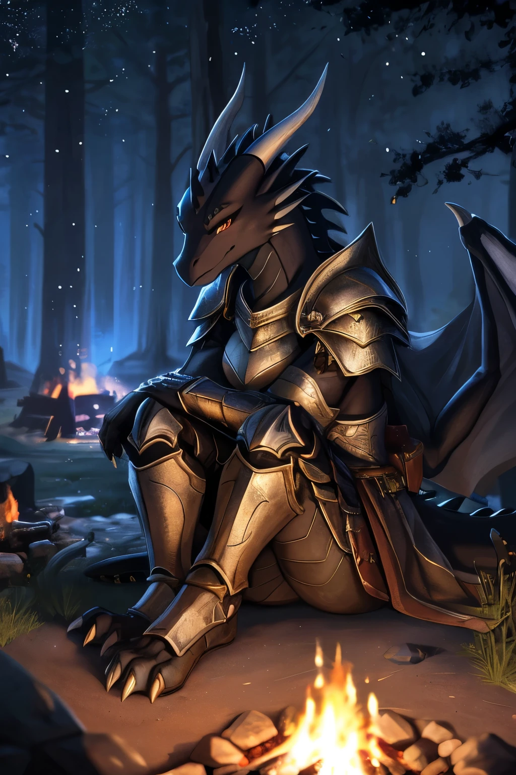 solo, kemono, (dragon),anthro, female, ((black body)),heavy armor,fantasy,medieval,outdoors, outside, dark, night, forest, campfire, camp, stars, sitting, toe claws, epic, depth of field, perfect lighting, (light particles),(best quality),(masterpiece),(ultra detailed),sharp focus,light particles