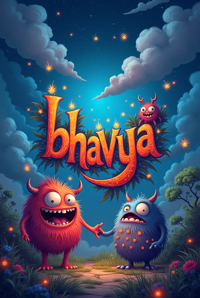 Image of word bhavya with monsters around
