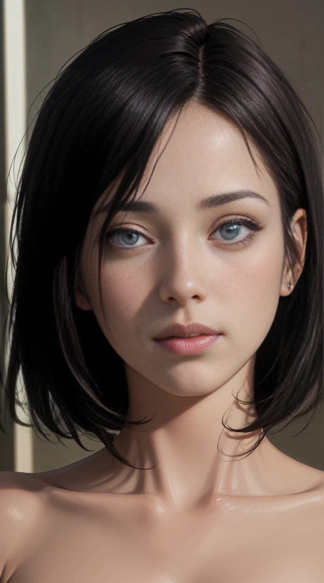 Best quality, masterpiece, ultra high res, (photorealistic:1.4), raw photo, 1girl, in the dark, deep shadow, low key, cold light,short black hair,Naked,seducing eyes,beautiful breast,eyes on viewer