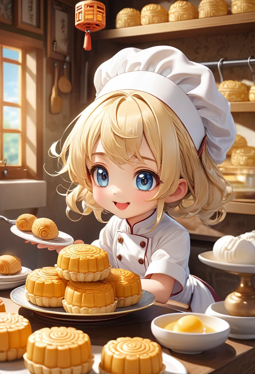 in front of a kitchen,with a variety of pastry tools (extremely delicate and beautiful), A close-up of a cute and charming anime character with bright beige hair, wearing a white chef's uniform、
wearing a luxurious chef's hat, about to try a cute and charming mooncake.( perfect anatomy )Complex patterns, soft shadows, highly detailed structures, digital art, high detail, high-quality animation style