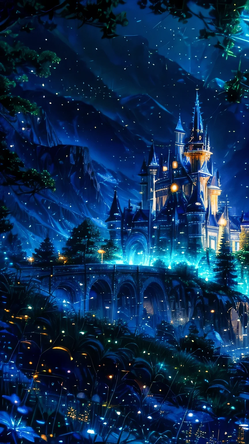 anime inspired castle in the alps with bright blue glass like sky shinning twinkling sparkling effect(bokeh effect) (fireflies)
