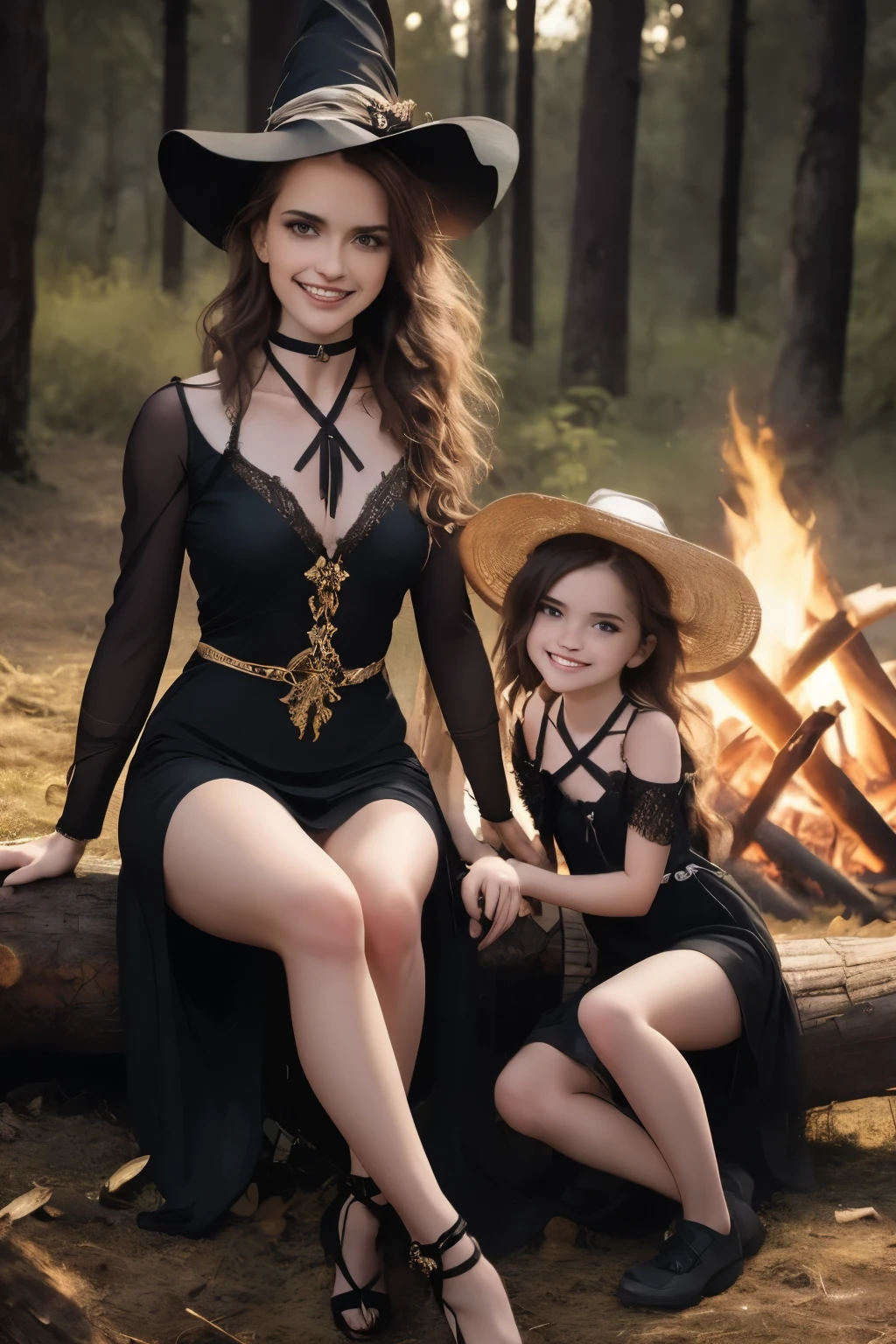 A mother with her teeny daughters, brown hair ,pose for a magazine cover, vibrant colors, high-resolution, realistic portrayal, fashion-forward, loving bond, trendy attire, captivating smiles, natural beauty, professional lighting, contemporary style, artistic composition witch,slight smile, tilting head, detailed eyes, detailed face, detailed hair, blue detailed iris, intricate witch clothing, sitting on log, bonfire, night, dark forest,best quality, dark, whitch. (dark lighting:1.3),