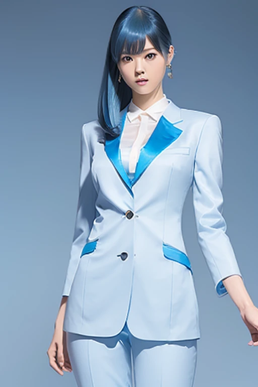 Long thin legs, Woman with sky blue hair is posing, Tight light blue suit, Well dressed, Elegant legs, Wearing white high heels，girl, Very beautiful long slim legs, Close up portrait of a woman in a blue suit with a red cloak, Capcom, As a Tekken character, fighting game character,King of Fighters character,