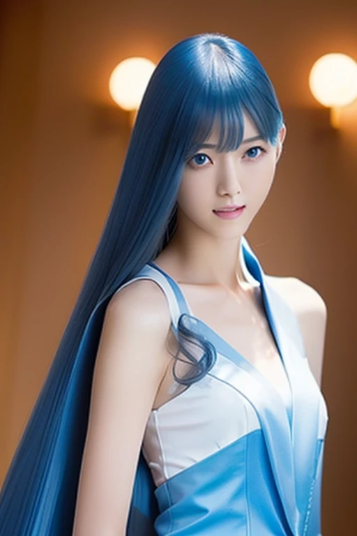Long thin legs, Woman with sky blue hair is posing, Tight light blue suit, Well dressed, Elegant legs, Wearing white high heels，girl, Very beautiful long slim legs, Close up portrait of a woman in a blue suit with a red cloak, Capcom, As a Tekken character, fighting game character,King of Fighters character,