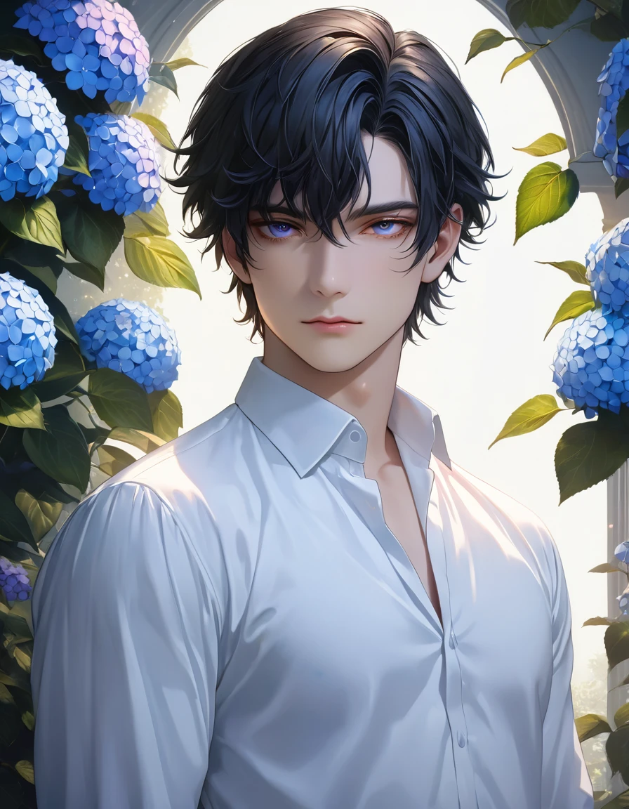 1boy with black hair, looking at viewer, wearing white shirt, half body, (best quality, 8k, photorealistic, hyper detailed, cinematic lighting, vivid colors), blue filter, fairytale, hydrangea, dramatic, elegant, serene