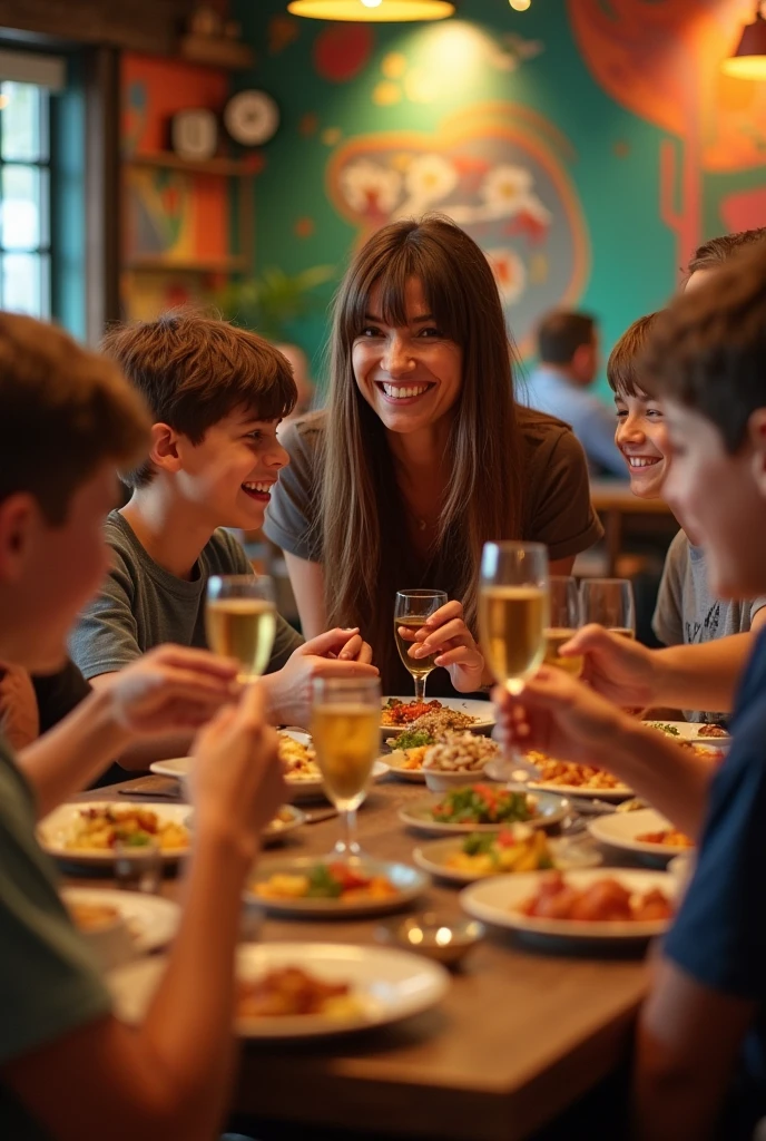 Photos of slim Caucasian women with long brown hair and bangs eating with 7 boys in a restaurant.