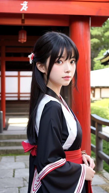 Please draw a shrine maiden。Her hair is long and black、Pure Japanese face、Half body is fine。Standing in front of the torii gate、Body is slightly tilted