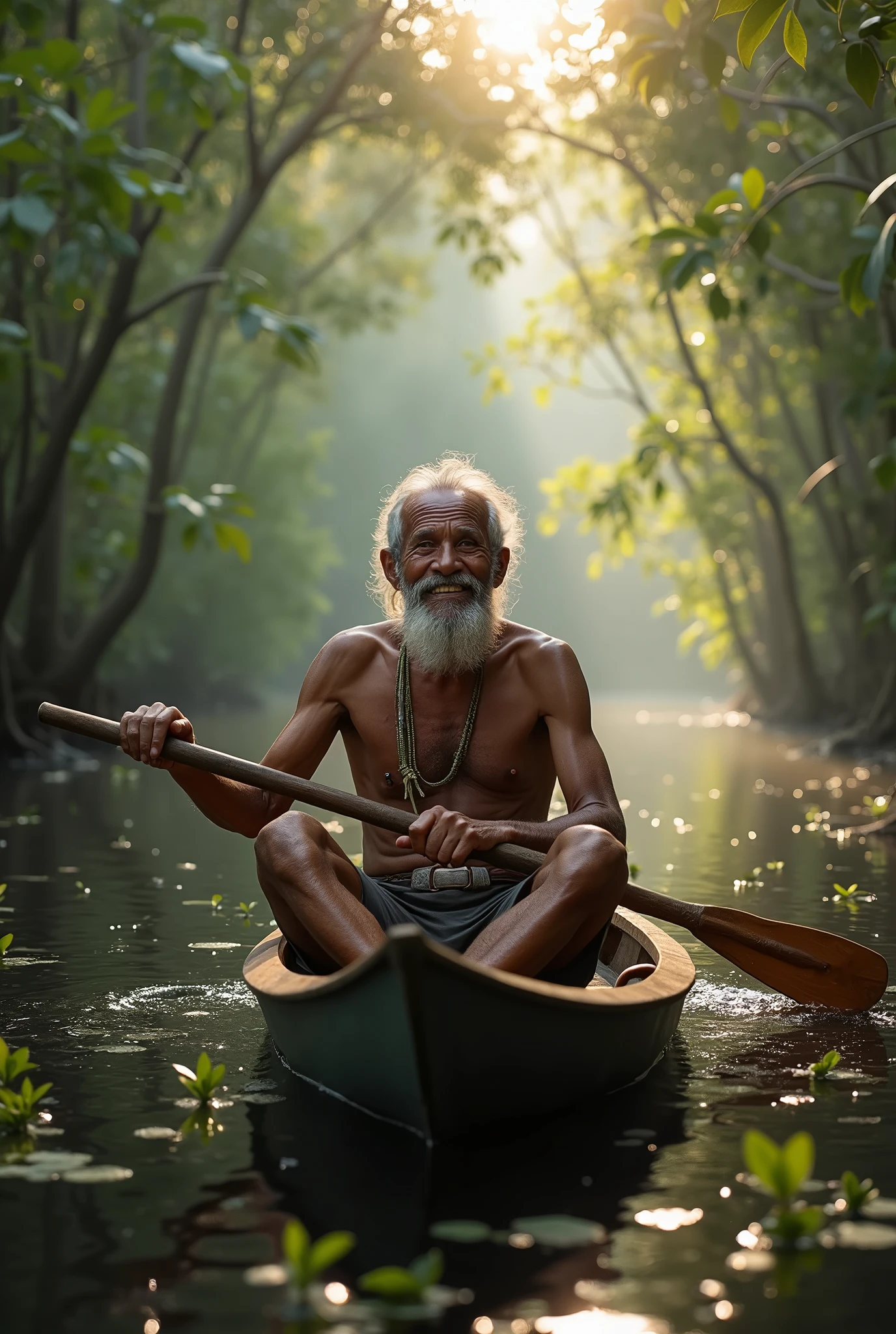 ( photorealism 1.2) photo realistic high detailed old indigenous male at mangrove swamp paddling dugout canoe cinematic view dramatic view morning mode fogs effect pandanus tree sunlight effect view of black water lepironia articulate pandanus helicopus smile face emotional