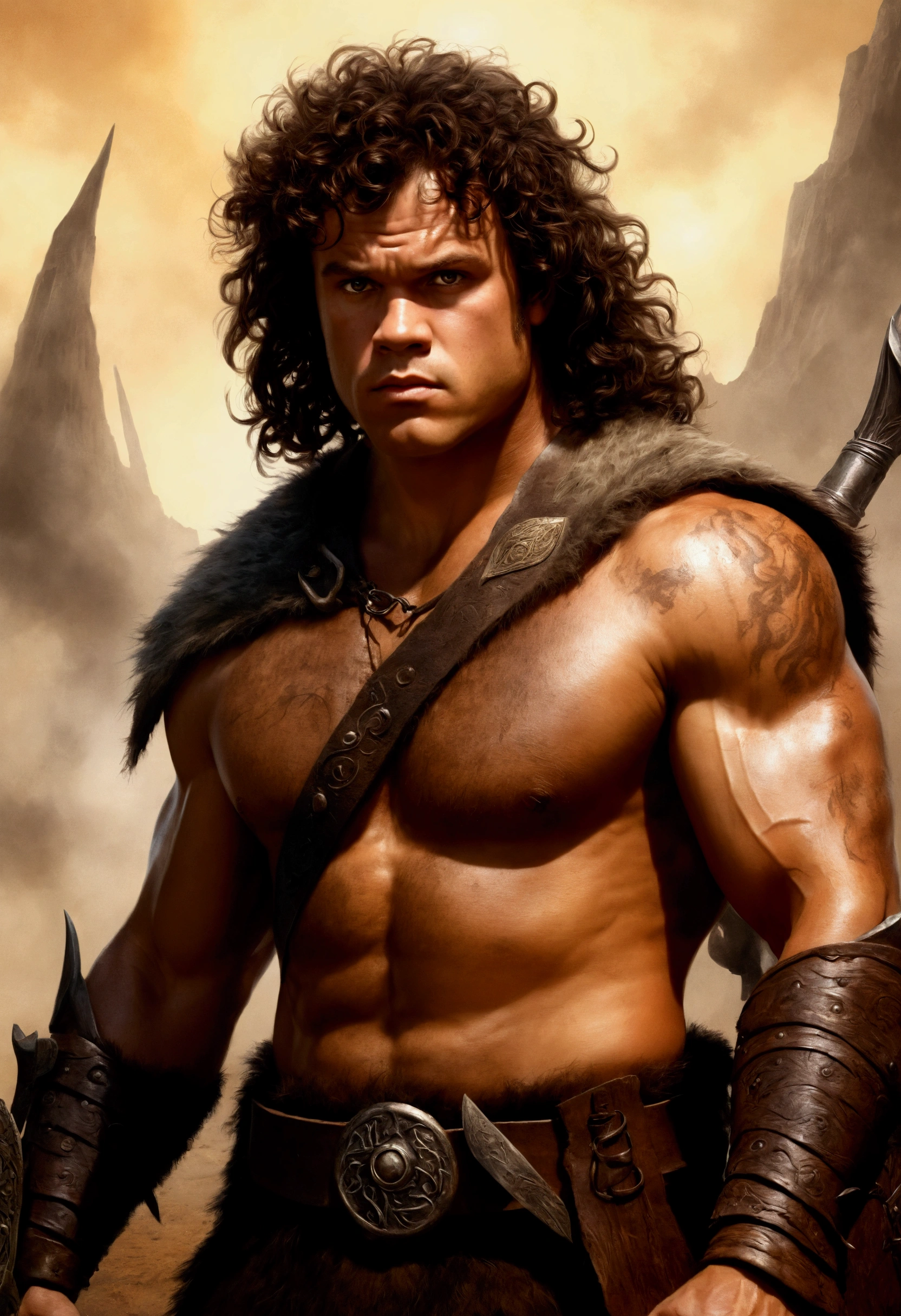 An illustrated movie poster, hand-drawn, full color, a fantasy barbarian, 21 years old, male, brown eyes, brown-black hair, voluminous curly mane, suntan complexion, short stature, broad shoulders, stocky frame, muscular, rugged, lots of body hair, hairy torso and hairy limbs, resembles John C. Reilly, wearing a leather pteruges, walking through a scorched battlefield, hard shadows, graphite shading, stencil marks, airbrushed acrylic paint, masterpiece, in the style of the Lord of the Rings