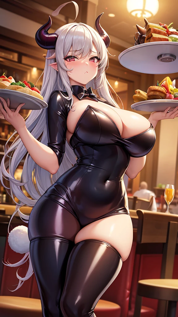 Beautiful picture), (Masterpiece), ((((Solo)))), ((big breasts)), (curvy), (sexually suggestive), (wearing latex bunny suit), perfect hands, sexy legs, (pouting), (bored), (holding a tray of food), (stockings), (demon horns), at a restaurant, (tight clothes),