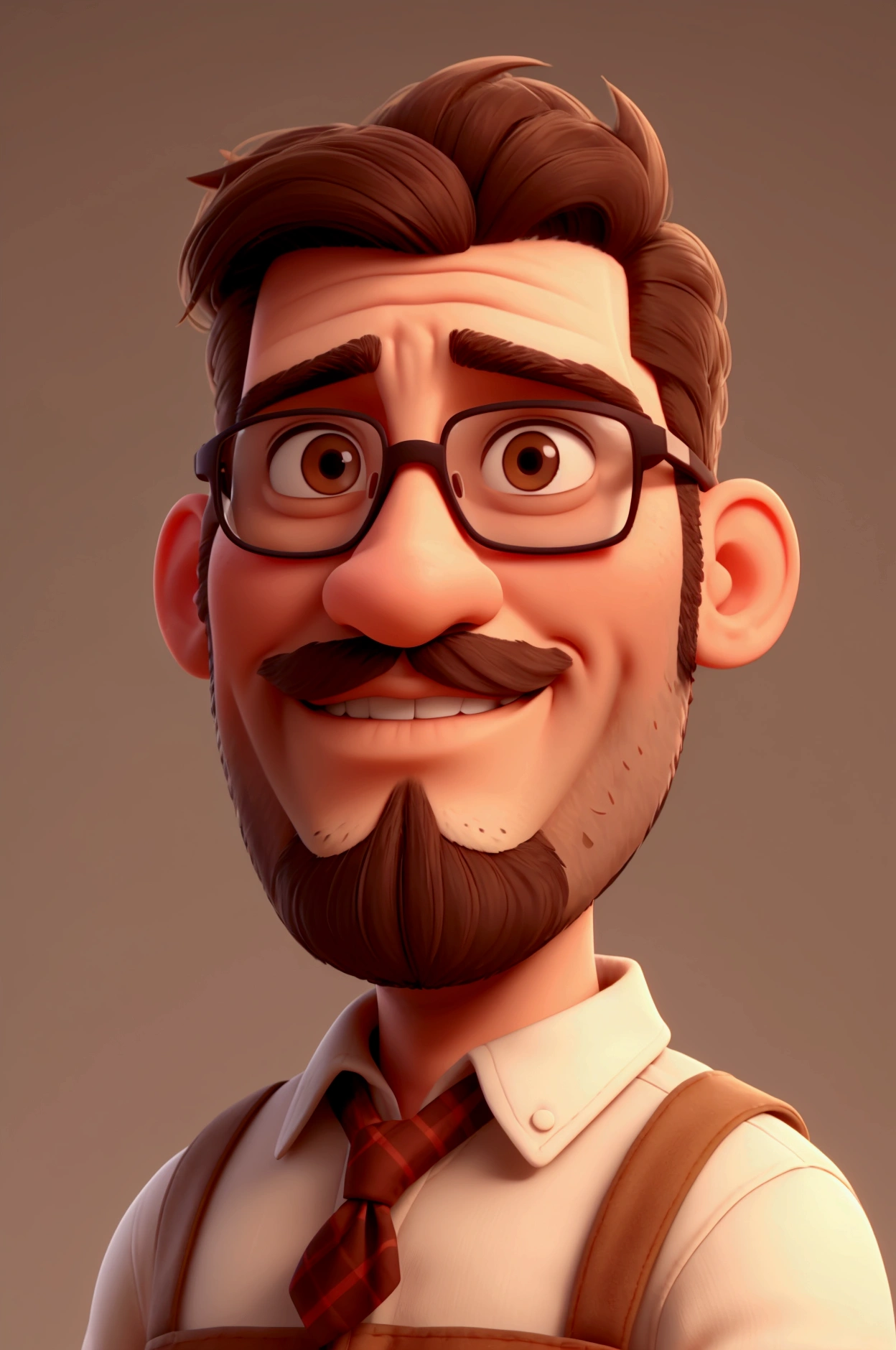 Create a man 38 years old, with prescription glasses, closed beard, cheesy with holes, marking him and this man is white brown hair and his hair is short.