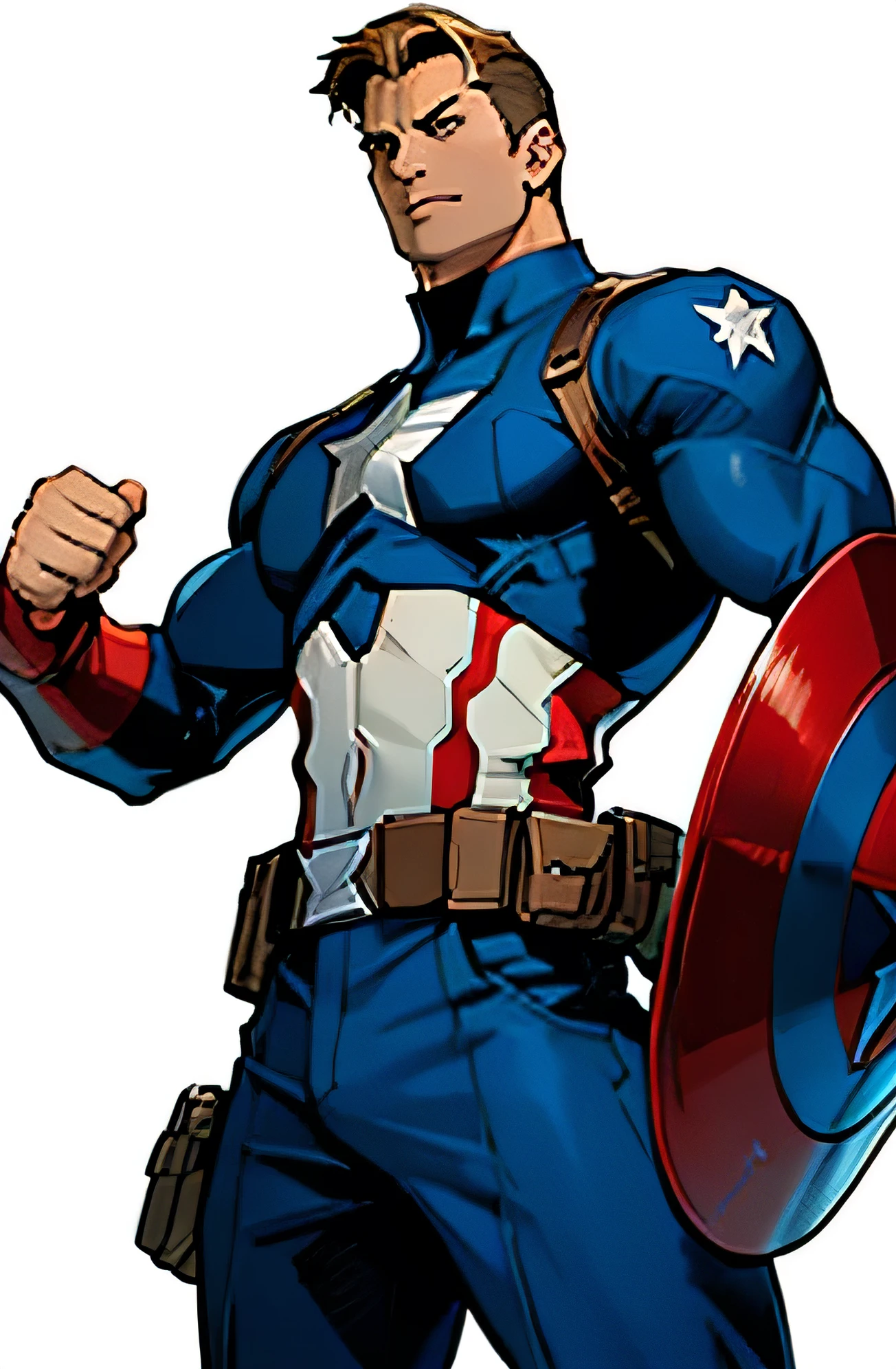 a poster of Captain America from the Avengers animated standing in front of a white background, official anime artwork, ultra detaild, fighting game, Capcom Official Media, Marvel Japan, high quality art, No text, ultimate collab, anime key visual concept art of, very high quality art, art admirer