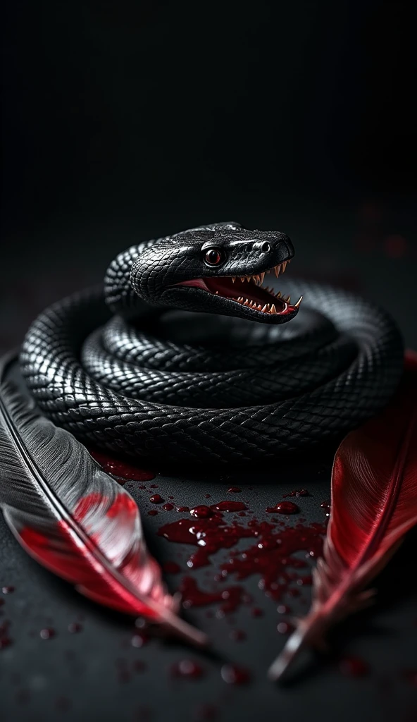 A black snake coiled with its mouth open on bloody eagle feathers against a black background

