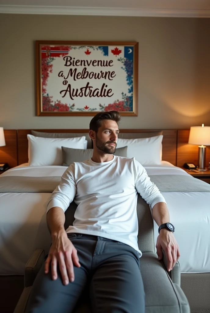 Homme caucasien grand de taille, charmant, un tout petit peu costaud, habillé en pantalon et tee-shirt manche longue, assis ou adossé sur une table dans une grande chambre d'hôtel et sur le lit de l'hôtel qu'il soit déposer un cadre photo grand ou moyen qu'il est possible de faire arrêter sur le lit et faire face à la caméra et sur le mur du chevet du lit un tableau sur lequel il est écrit en français : Bienvenue à Melbourne E AUSTRALIE et autour de la phrase qu'il y ait les emblèmes du Canada Québec ou le drapeau du Canada Québec