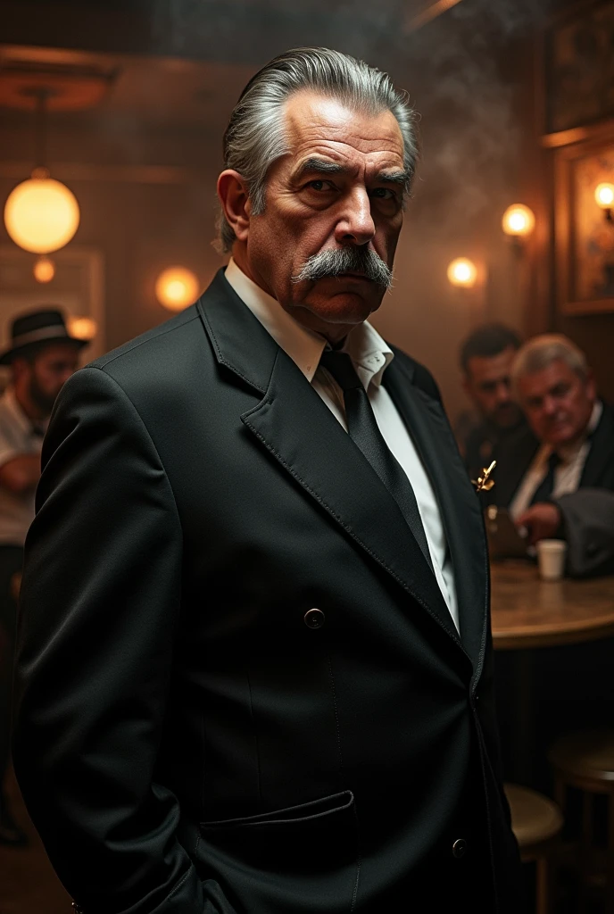 Italian Mafioso Man. robust body, out of shape. white skin. gray hair, short mustache