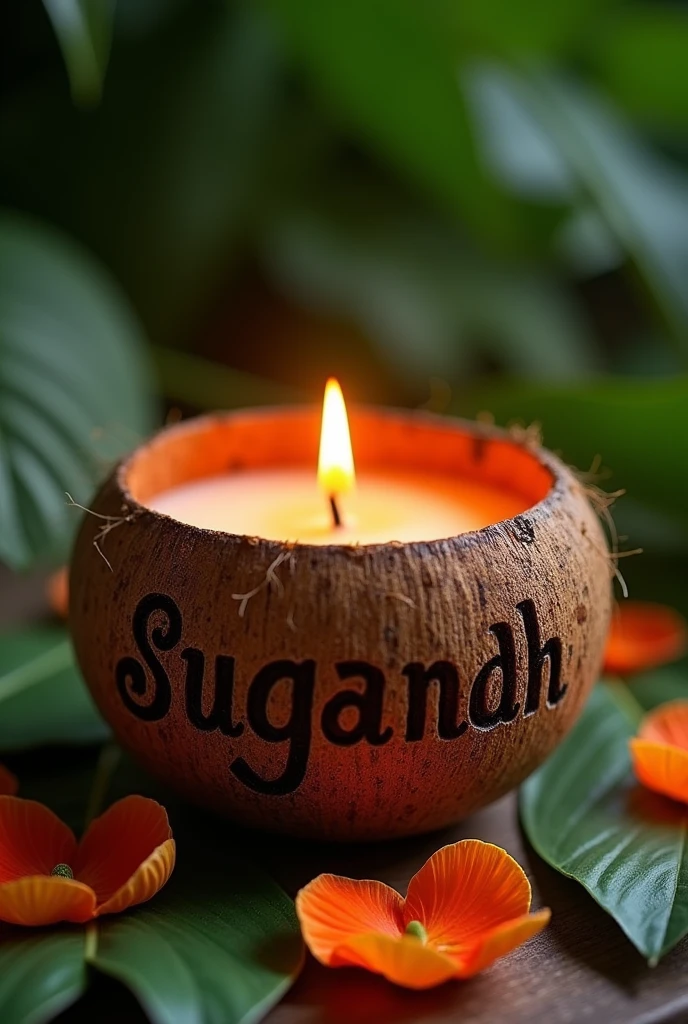 Candel in coconut shell with customize name in it name should be sugandh but should be carving