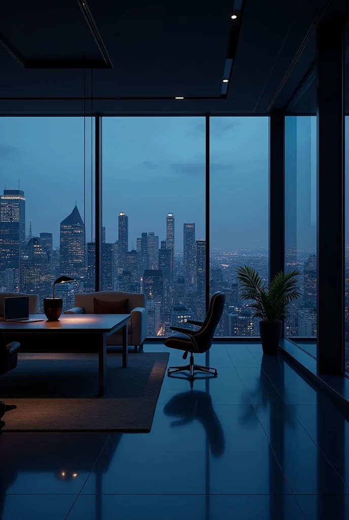 Rich black blue modern dark vibe
Office with building view
Without person