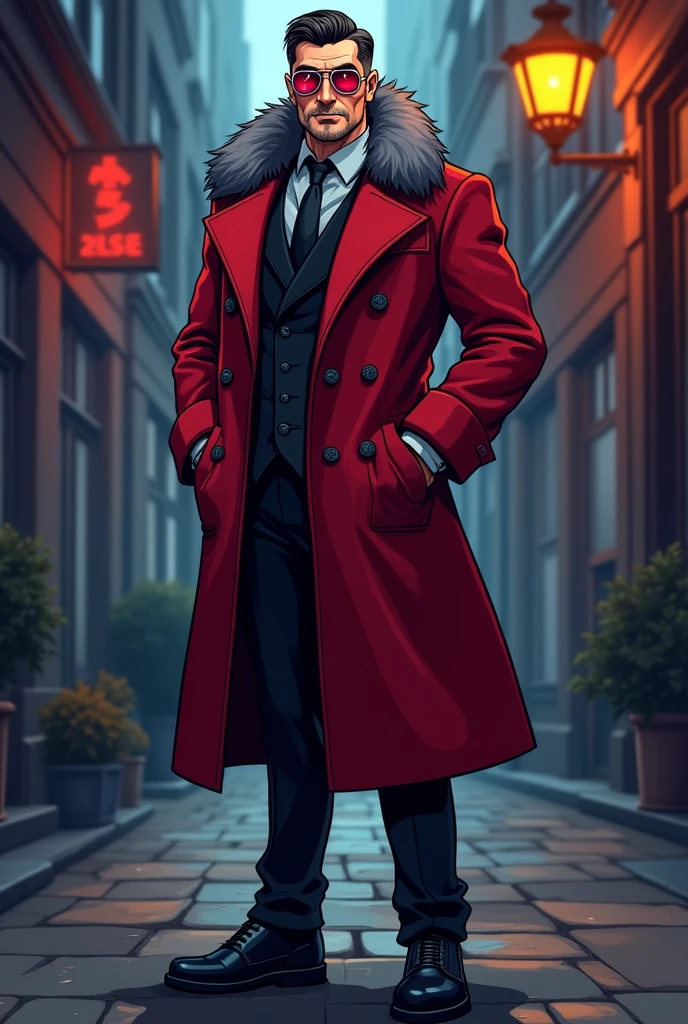 Create a male villain (40-50 years old), wearing a buttoned up crimson ulster coat with grey fur on the collar, black trousers and leather boots & silver aviators with red glass. His hair is licked back and short, he has a stubble as well. (Cartoon styled image)