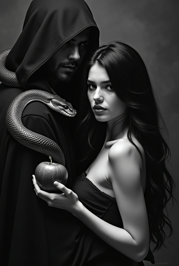 Here is the English version of your description:

"Imagine a beautiful woman with fair skin and black hair, her eyes filled with affection. She is holding a bitten apple in her hand, with shadows and light playing across her figure, capturing impressive details. Behind her stands a male figure, his face obscured by shadows. Around the man and woman, a large serpent is coiled, intertwining the two. The entire scene is set in a dark environment, and the image is rendered in black and white, with the focus on the man and woman. The style of the image is that of artistic painting."