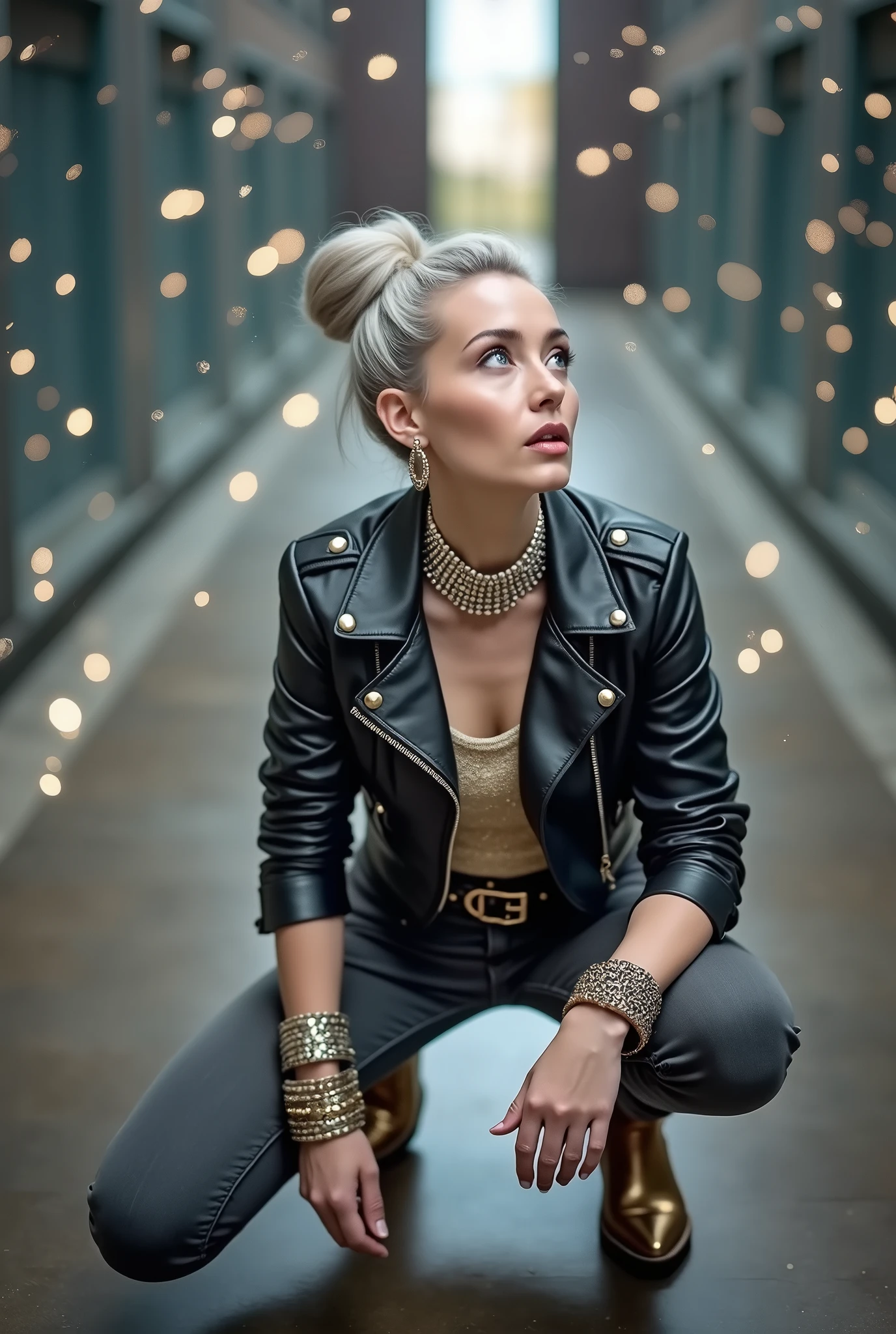 russian old milf woman, grey hair (huge top bun), with very light blue eyes, extremely pale. Wearing cropped black moto jacket, golden sequins tank top, dark grey skinny jeans and golden pointy Chelsea boots with cuban heels . Lots of metallic wide bracelets and pearl collars. Tacky studded leather belt with oversized DG buckle. Wide loop earrings. Kneeling looking up, eyes and mouth wide open in amazement. Hands on her knees. Chin up, looking up listening in amazement to God. Well toned abdominals, thin legs and thin arms.