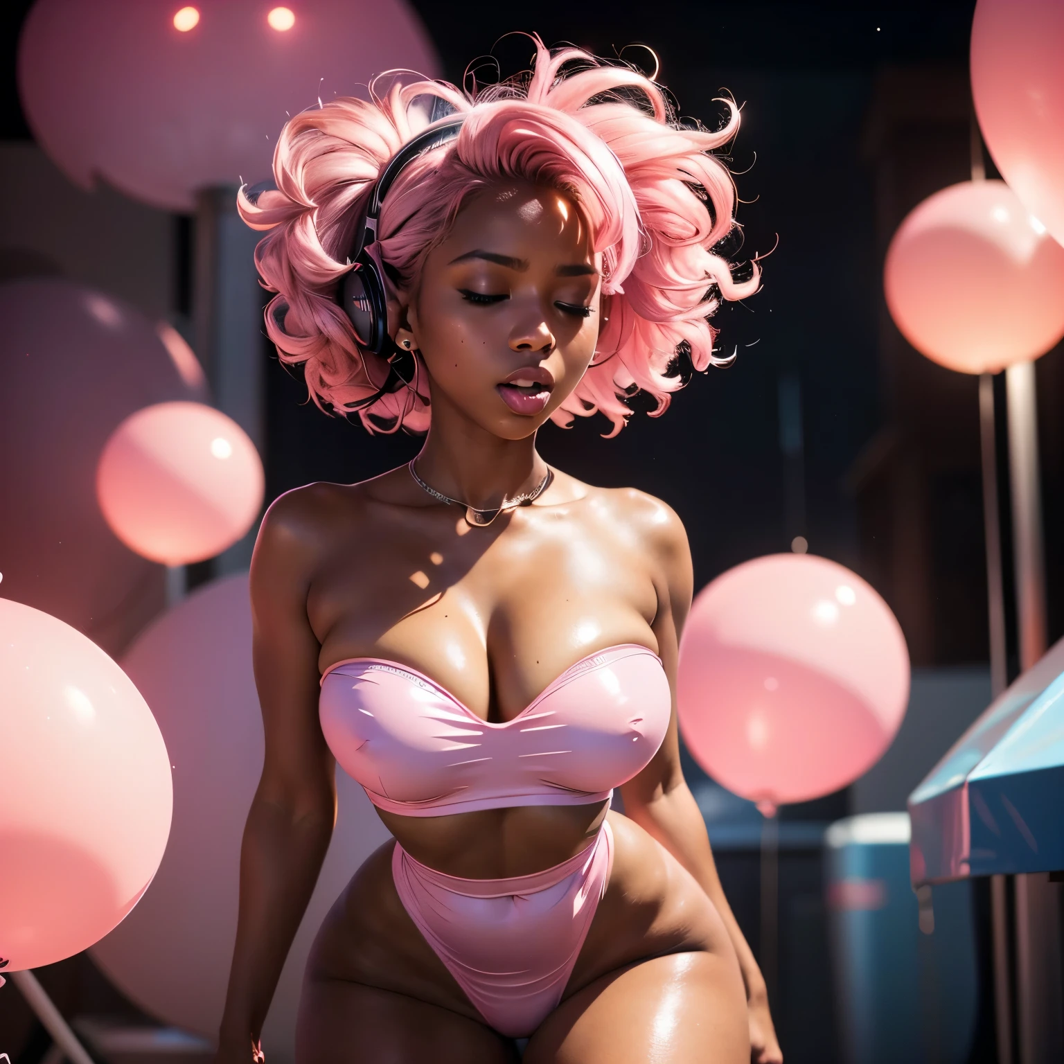 1girl, head phones, under pink bubble water, (18 years old), (dark skin), dark skin, wide shot, (pink strapless dress), (Masterpiece, Professional lighting, 16k, 8k wallpaper, raw photo, photorealistic:1.8, ultra detailed, natural lighting, detailed skin sexy pose, open mouth, big lips, night time, eyes closed, pink light, steam, pink foam, narrow shoulders, thick thighs